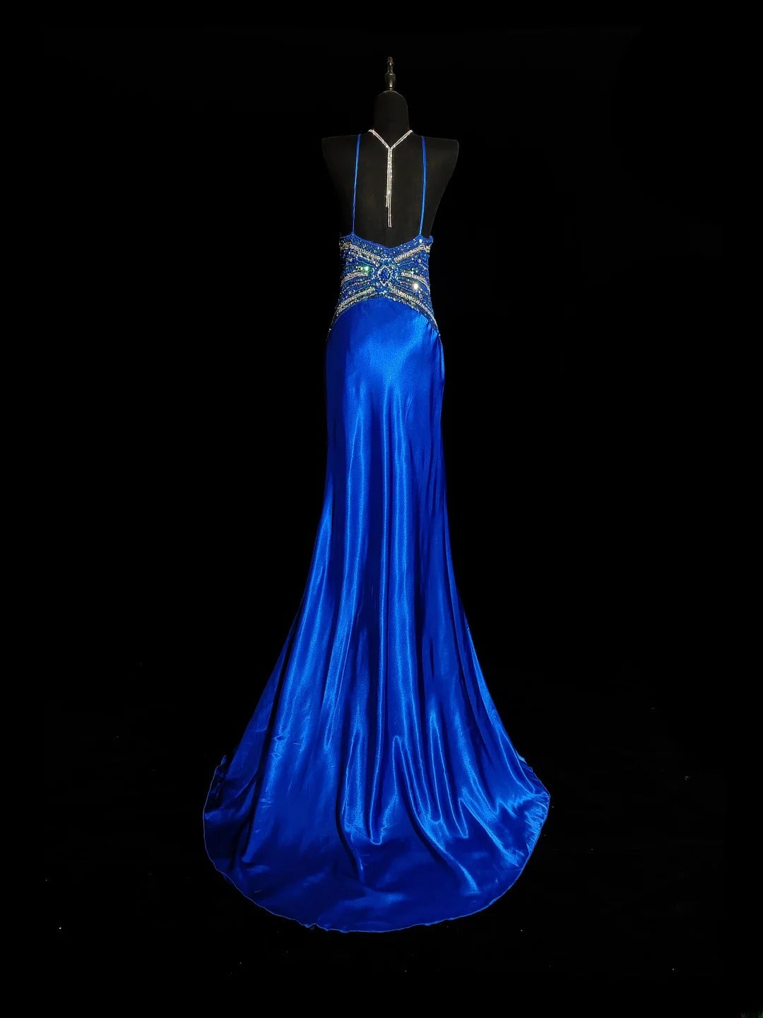 Vintage Meerjungfrauen-Abendkleid aus den 1950er Jahren, königsblauer Satin mit Perlenstickerei, Spaghettiträger, langes Ballkleid für den Schulabschlussball, AS036