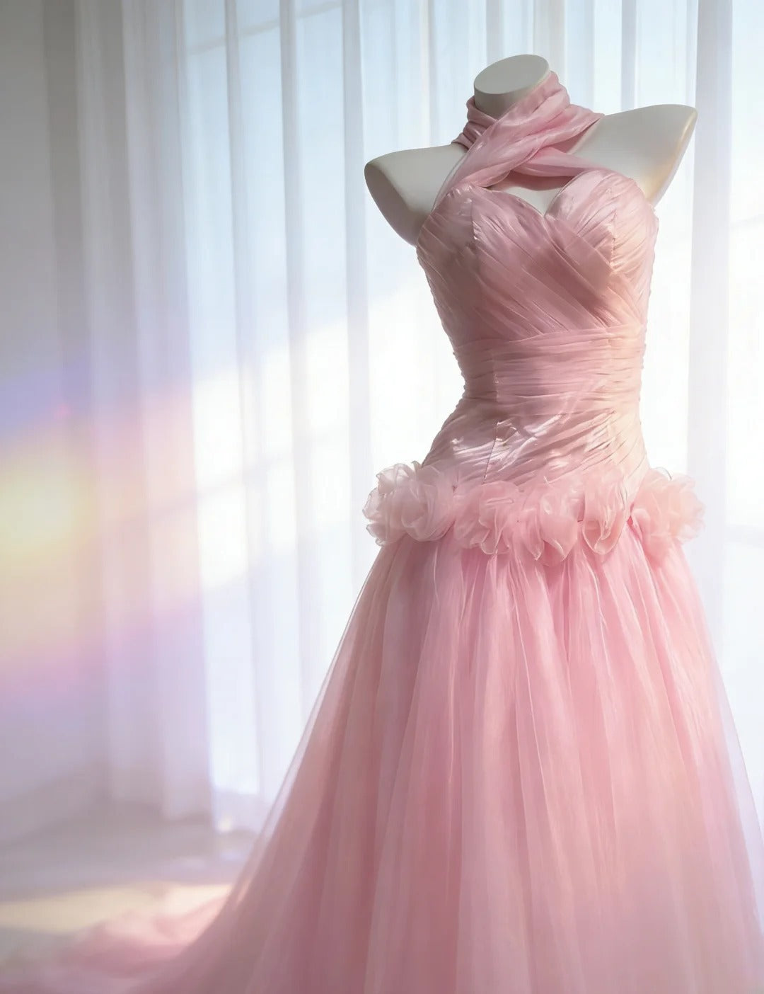 Vintage 90er Jahre Meerjungfrauen-Kleid aus schulterfreiem, rosa Tüll für Damen, langes Partykleid, Ballkleid, Geburtstagskleid AS036