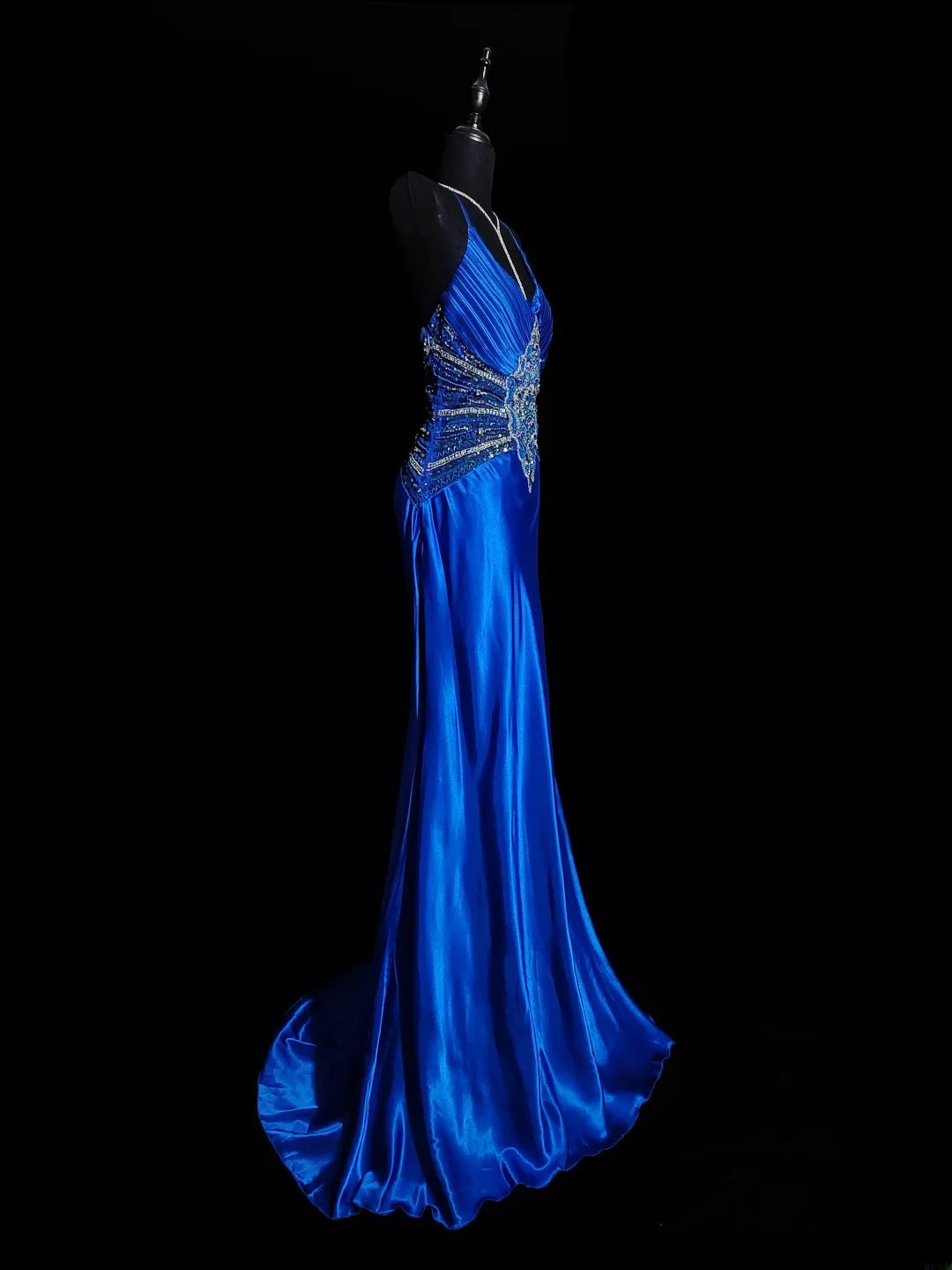 Vintage Meerjungfrauen-Abendkleid aus den 1950er Jahren, königsblauer Satin mit Perlenstickerei, Spaghettiträger, langes Ballkleid für den Schulabschlussball, AS036