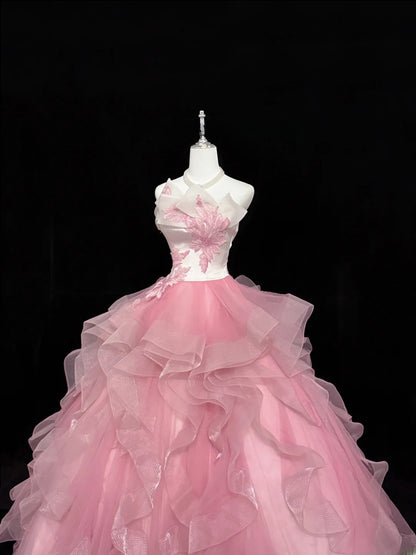 Fairy-tale Ball Gown Strapless Pink With Tiered Layers Lace Quince Dress Voluminous Sweet 16 Sweet Sixteen Outfits Vestido de RB7407