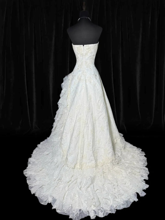 Vintage Long Wedding Gowns 70s Unique Dresses Mermaid Strapless Style for Bride Tulle With Lace White Petite/Plus Size Bridal Gown AS036
