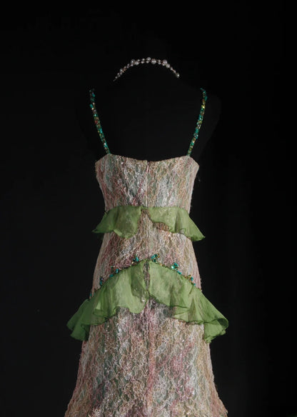 Vintage 90er Jahre Ballkleid Damen Meerjungfrau Spaghettiträger Grüne Spitze Langes formelles Abendkleid AS037