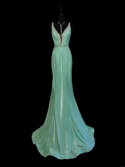 Elegantes, mintgrünes Meerjungfrauen-Abendkleid mit V-Ausschnitt, ideal für Highschool-Teenager, Abschlussball oder Schulball (AS037)