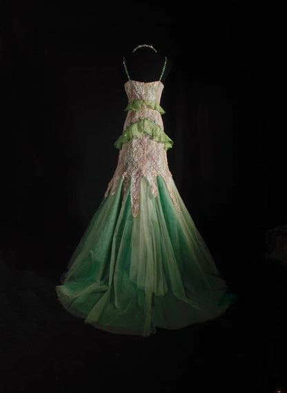 Vintage 90er Jahre Ballkleid Damen Meerjungfrau Spaghettiträger Grüne Spitze Langes formelles Abendkleid AS037