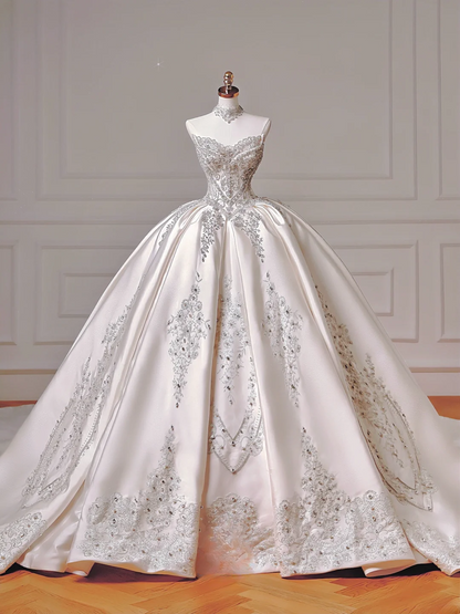 Prinzessinnen-Brautkleid, langes Ballkleid, schulterfrei, Satin, mit langen Ärmeln und Schleppe, Brautkleider AQ037