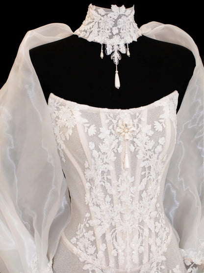 Wedding Gowns Dresses Elegant Modest for Bride Mermaid Strapless With Sleeves Cape White Petite/Plus Size Bridal Gown For Women SA037