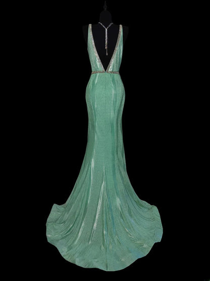 Elegantes, mintgrünes Meerjungfrauen-Abendkleid mit V-Ausschnitt, ideal für Highschool-Teenager, Abschlussball oder Schulball (AS037)