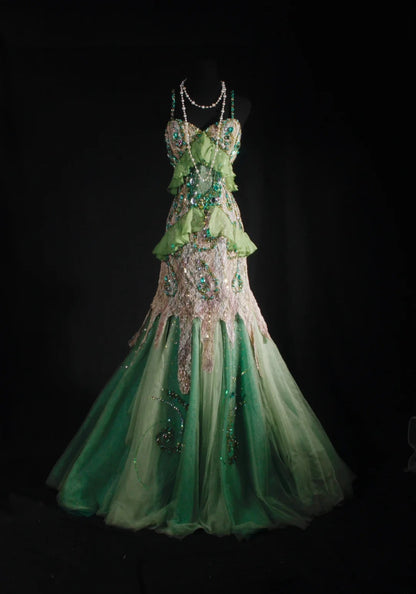 Vintage 90er Jahre Ballkleid Damen Meerjungfrau Spaghettiträger Grüne Spitze Langes formelles Abendkleid AS037