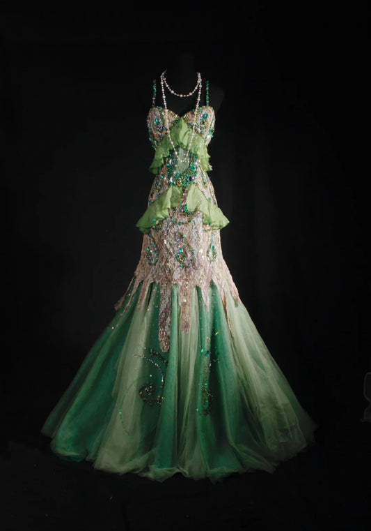Vintage 90s Prom Dresses Women Mermaid Spaghetti Straps Green Lace Long Formal Dance Evening Party Gowns AS037