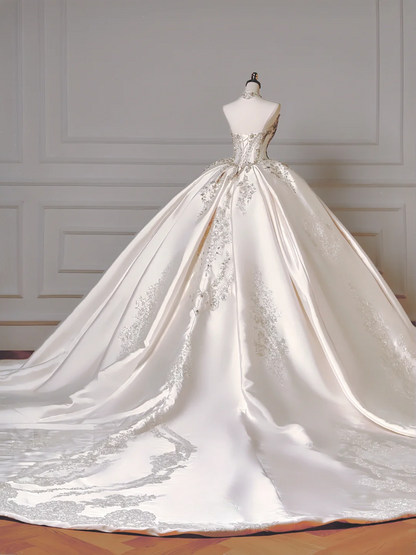 Prinzessinnen-Brautkleid, langes Ballkleid, schulterfrei, Satin, mit langen Ärmeln und Schleppe, Brautkleider AQ037