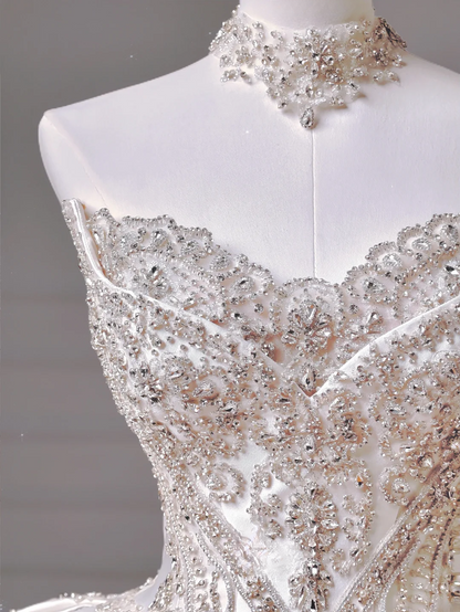 Prinzessinnen-Brautkleid, langes Ballkleid, schulterfrei, Satin, mit langen Ärmeln und Schleppe, Brautkleider AQ037