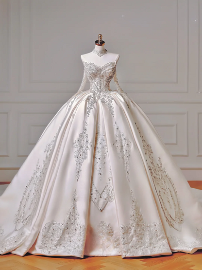 Prinzessinnen-Brautkleid, langes Ballkleid, schulterfrei, Satin, mit langen Ärmeln und Schleppe, Brautkleider AQ037