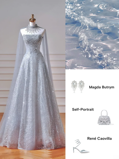 Modest Prom Dresses Aesthetic Ball Gown Strapless Blue Sequin With Scarf Impress Long Party Formal Gown For Teens High Schools Girls AQ038