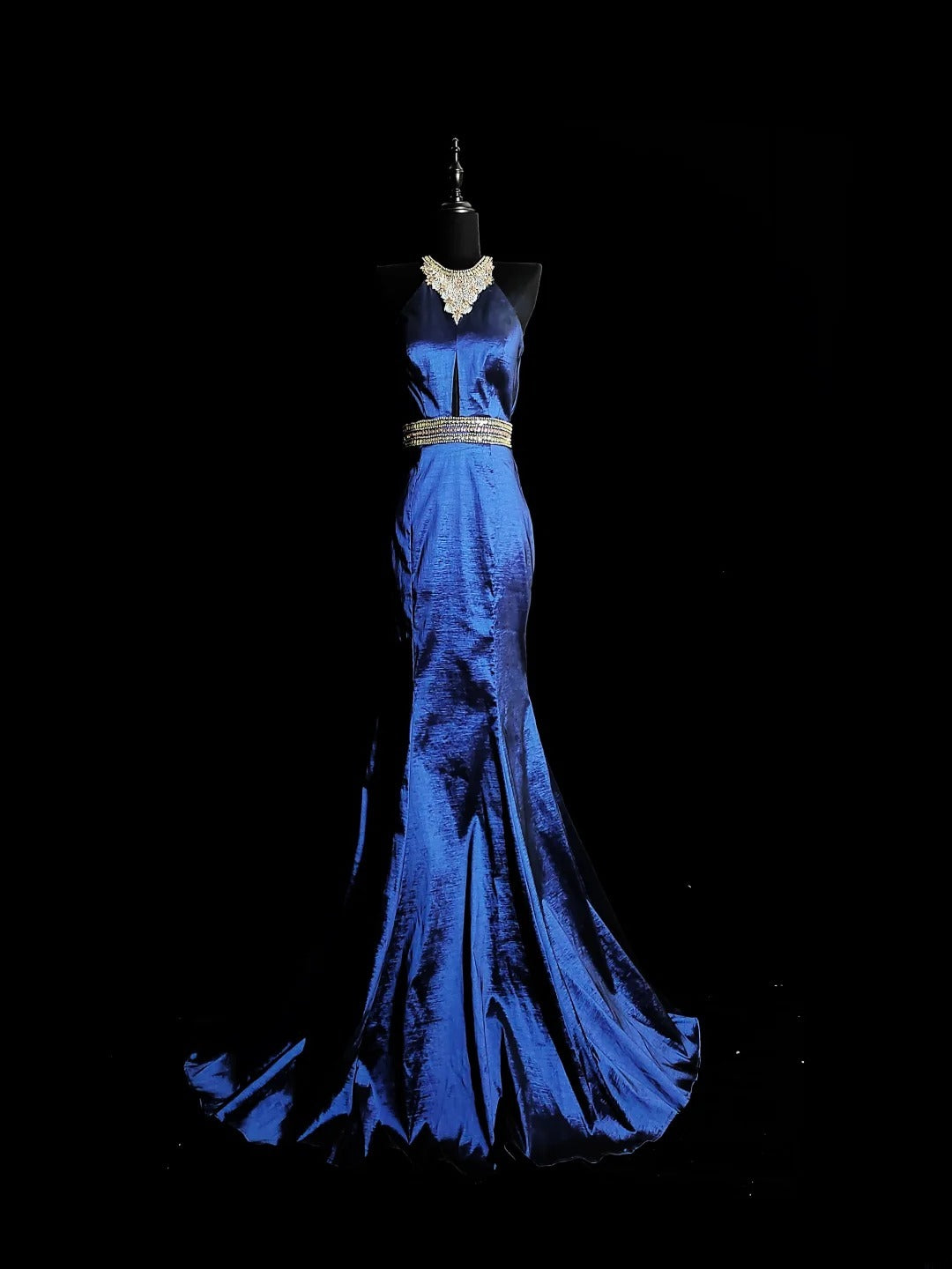 Vintage Meerjungfrauen-Halterkleid aus den 1950er Jahren, königsblauer Taft mit silbernen Perlen, langes Ballkleid für den Schulabschlussball, AS038