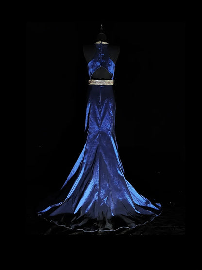 Vintage Meerjungfrauen-Halterkleid aus den 1950er Jahren, königsblauer Taft mit silbernen Perlen, langes Ballkleid für den Schulabschlussball, AS038