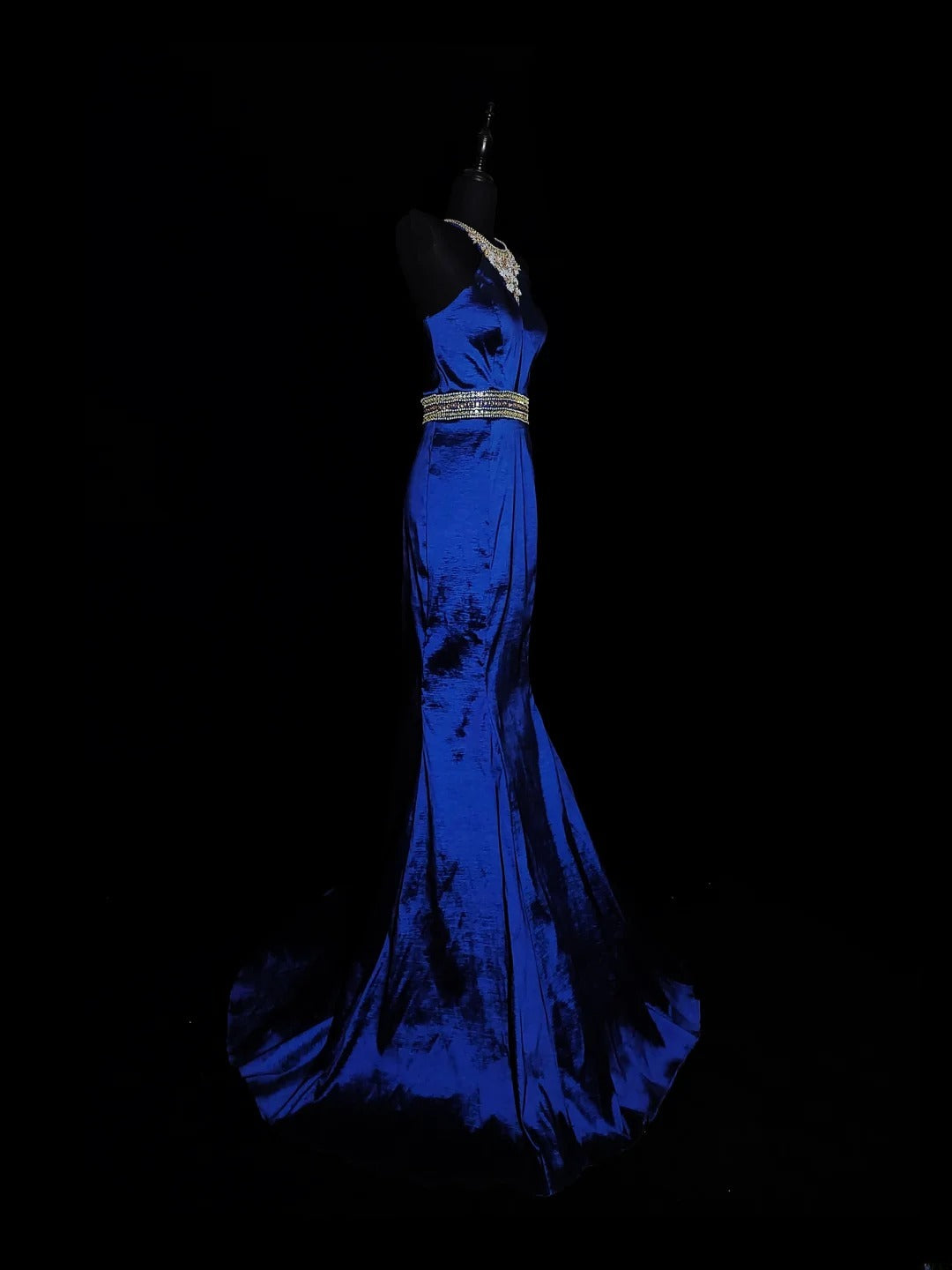 Vintage Meerjungfrauen-Halterkleid aus den 1950er Jahren, königsblauer Taft mit silbernen Perlen, langes Ballkleid für den Schulabschlussball, AS038
