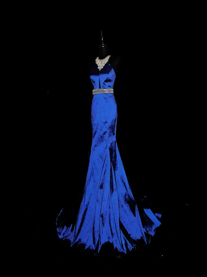 Vintage Meerjungfrauen-Halterkleid aus den 1950er Jahren, königsblauer Taft mit silbernen Perlen, langes Ballkleid für den Schulabschlussball, AS038