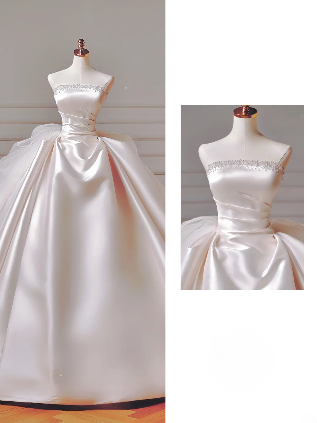Princess Long Wedding Gowns Ball Gown Strapless Satin For Bride With Beads Train Bridal Dresses AQ039