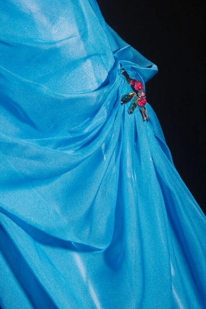 Robe de bal vintage années 90, coupe trapèze, col en V, mousseline bleue ornée de perles, robe de soirée longue AS040