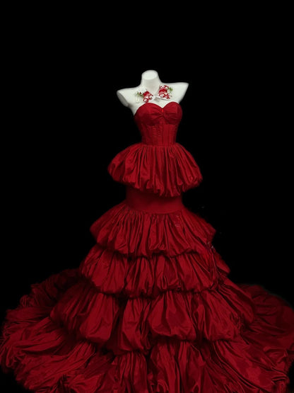 Vintage Prom Dresses Mermaid Sweetheart Burgundy With Ruffles Long Evening Formal Outfits RB3444