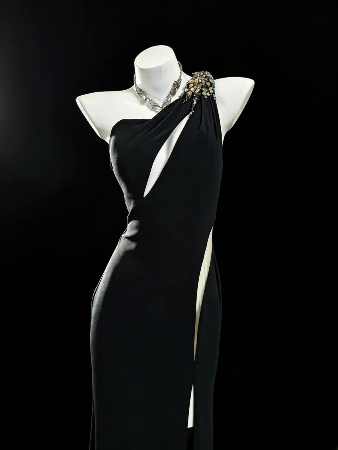 Schwarzes, ärmelloses Etuikleid mit One-Shoulder-Schulter und Schlitz für Damen, langes Ballkleid, Outfit für den 21. Geburtstag, AS040