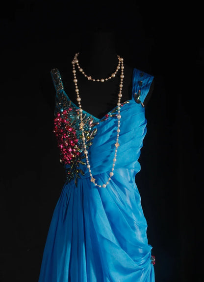 Robe de bal vintage années 90, coupe trapèze, col en V, mousseline bleue ornée de perles, robe de soirée longue AS040
