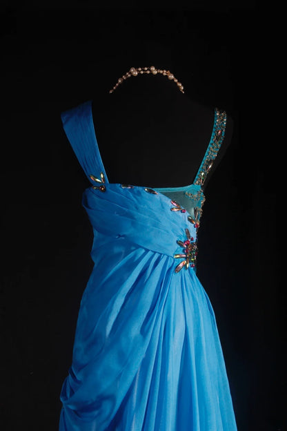 Robe de bal vintage années 90, coupe trapèze, col en V, mousseline bleue ornée de perles, robe de soirée longue AS040