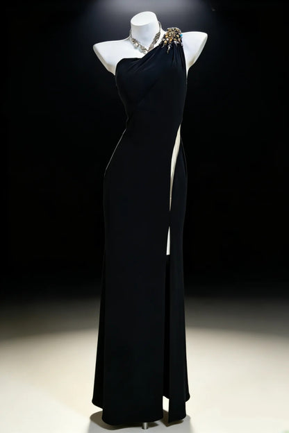 Schwarzes, ärmelloses Etuikleid mit One-Shoulder-Schulter und Schlitz für Damen, langes Ballkleid, Outfit für den 21. Geburtstag, AS040