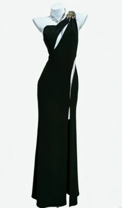 Schwarzes, ärmelloses Etuikleid mit One-Shoulder-Schulter und Schlitz für Damen, langes Ballkleid, Outfit für den 21. Geburtstag, AS040