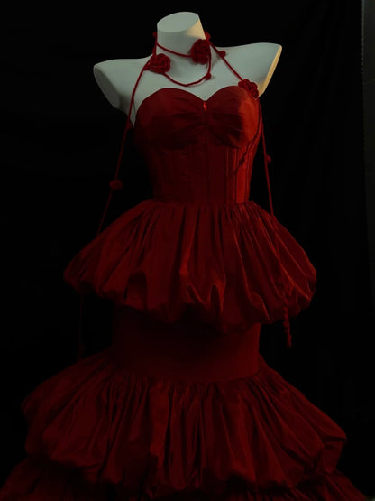 Vintage Prom Dresses Mermaid Sweetheart Burgundy With Ruffles Long Evening Formal Outfits RB3444