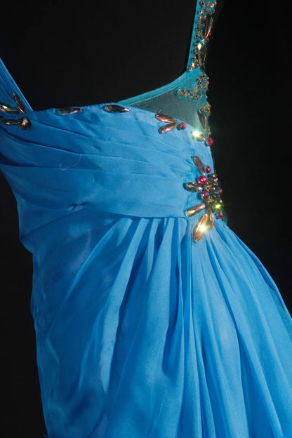 Robe de bal vintage années 90, coupe trapèze, col en V, mousseline bleue ornée de perles, robe de soirée longue AS040