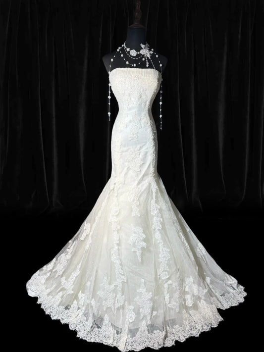 Vintage Long Wedding Gowns 70s Unique Dresses Mermaid Strapless Bohemian Style for Bride Tulle With Lace White Petite/Plus Size Bridal Gown AS040