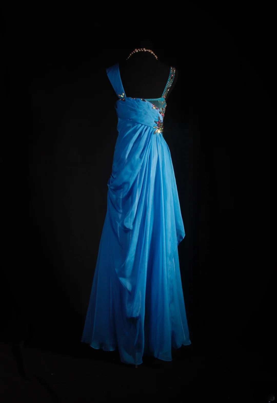 Robe de bal vintage années 90, coupe trapèze, col en V, mousseline bleue ornée de perles, robe de soirée longue AS040