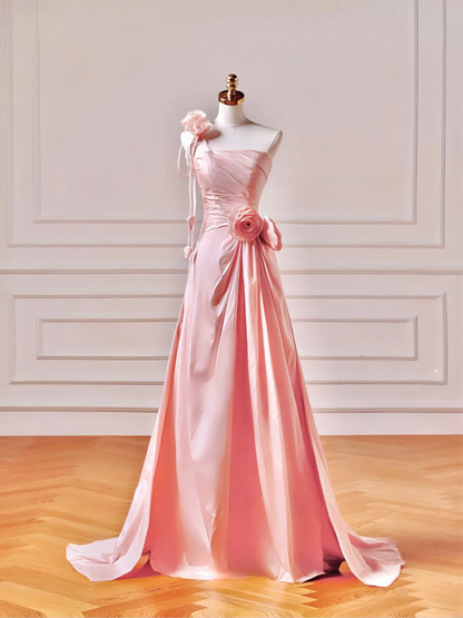 Elegantes, schlichtes A-Linien-Abendkleid aus rosa Satin mit One-Shoulder-Schnitt – ein beeindruckendes, langes Abendkleid für Teenager und Mädchen (AQ040)