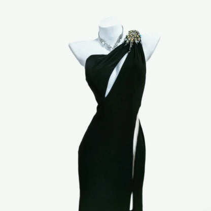 Schwarzes, ärmelloses Etuikleid mit One-Shoulder-Schulter und Schlitz für Damen, langes Ballkleid, Outfit für den 21. Geburtstag, AS040