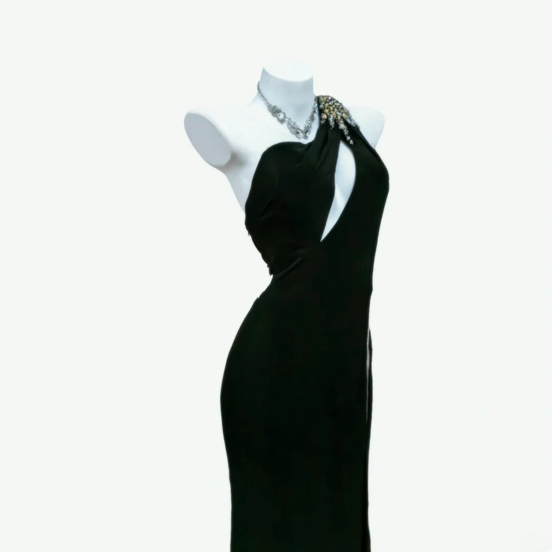 Schwarzes, ärmelloses Etuikleid mit One-Shoulder-Schulter und Schlitz für Damen, langes Ballkleid, Outfit für den 21. Geburtstag, AS040