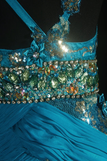 Vintage-Abendkleider im 90er-Jahre-Stil, Meerjungfrauen-Schnitt, Spaghettiträger, blauer Chiffon mit Perlenstickerei, lange Partykleider, Ballkleider AS041