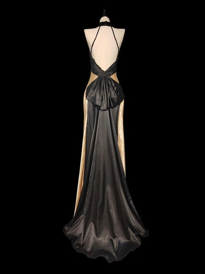 Robe de bal longue vintage années 1950, style sirène, dos nu, en satin champagne, idéale pour les élèves de terminale (AS041)