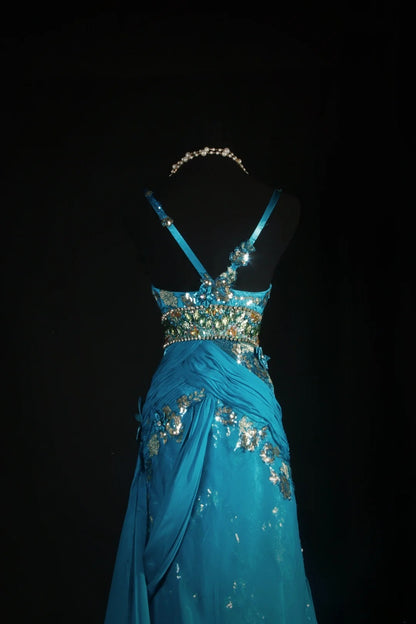 Vintage-Abendkleider im 90er-Jahre-Stil, Meerjungfrauen-Schnitt, Spaghettiträger, blauer Chiffon mit Perlenstickerei, lange Partykleider, Ballkleider AS041