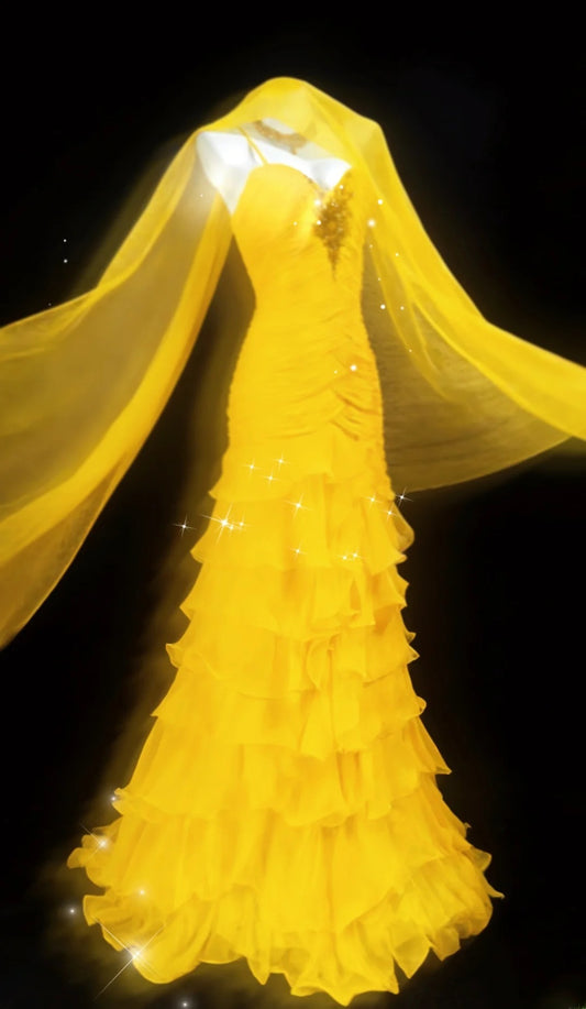 Robe de bal longue vintage années 1950, style sirène, en mousseline jaune avec foulard, idéale pour les fêtes et les anniversaires (AS041)