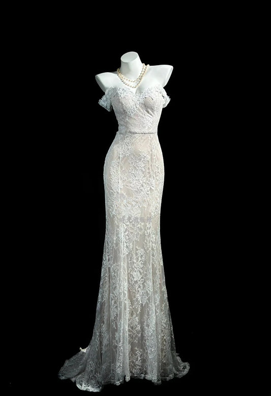 Classy Prom Dresses Mermaid Off The Shoulder White With Lace Sleeves Evening Dress Formal Outfits RB5849