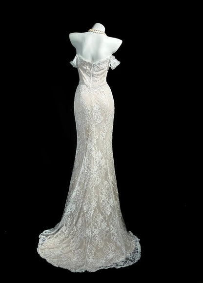 Classy Prom Dresses Mermaid Off The Shoulder White With Lace Sleeves Evening Dress Formal Outfits RB5849