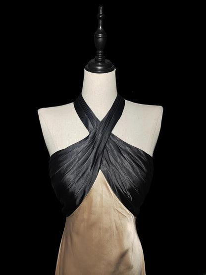 Robe de bal longue vintage années 1950, style sirène, dos nu, en satin champagne, idéale pour les élèves de terminale (AS041)