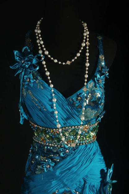 Vintage-Abendkleider im 90er-Jahre-Stil, Meerjungfrauen-Schnitt, Spaghettiträger, blauer Chiffon mit Perlenstickerei, lange Partykleider, Ballkleider AS041