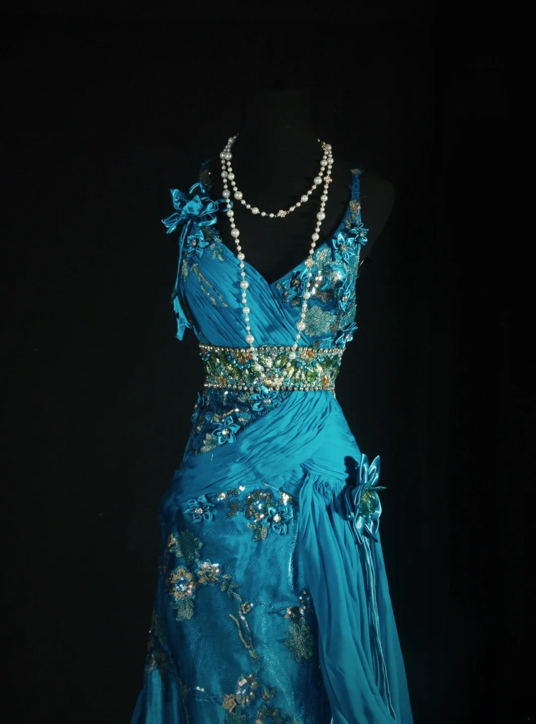 Vintage-Abendkleider im 90er-Jahre-Stil, Meerjungfrauen-Schnitt, Spaghettiträger, blauer Chiffon mit Perlenstickerei, lange Partykleider, Ballkleider AS041