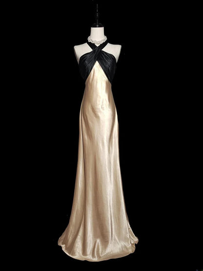 Robe de bal longue vintage années 1950, style sirène, dos nu, en satin champagne, idéale pour les élèves de terminale (AS041)
