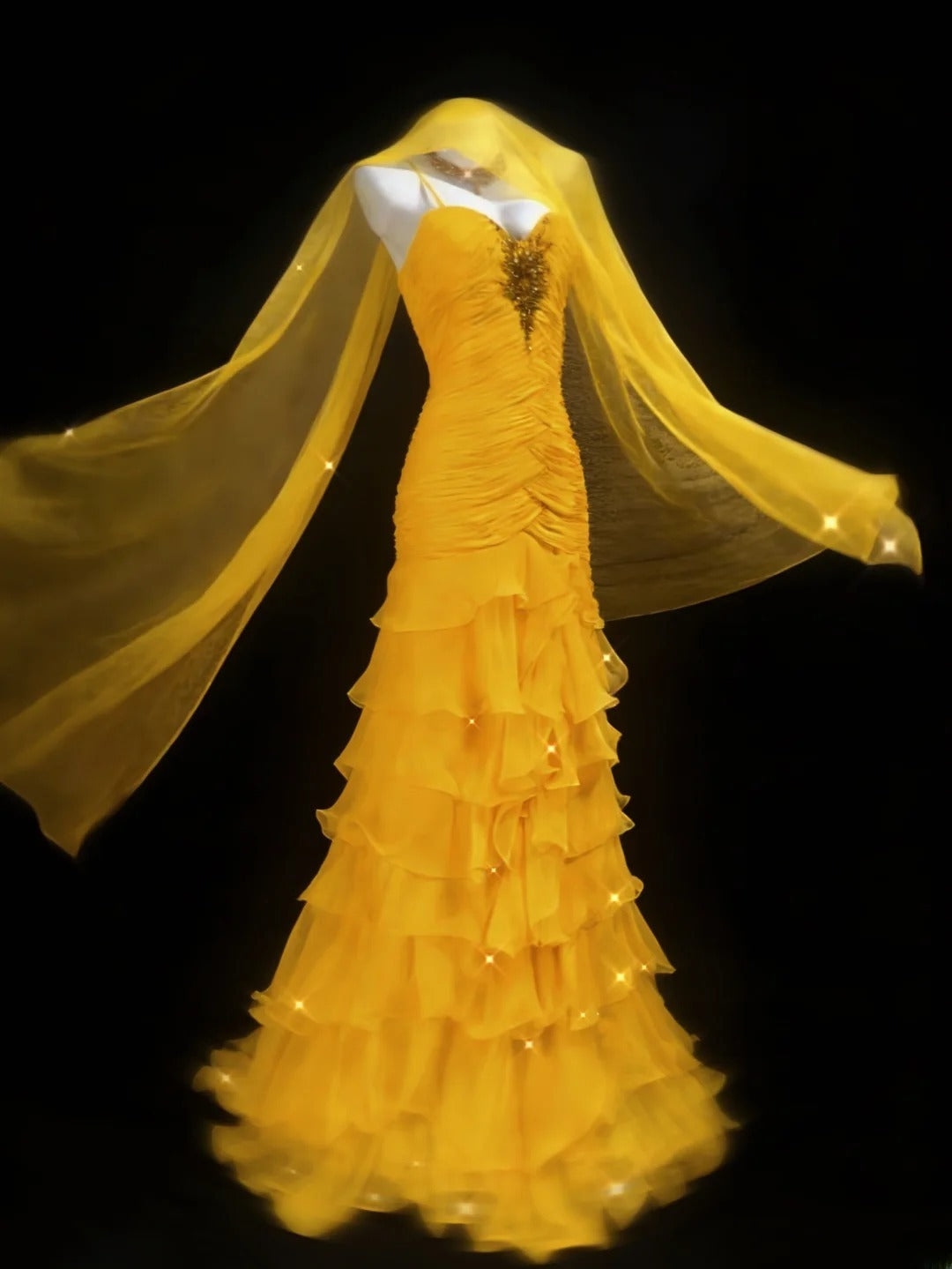 Robe de bal longue vintage années 1950, style sirène, en mousseline jaune avec foulard, idéale pour les fêtes et les anniversaires (AS041)