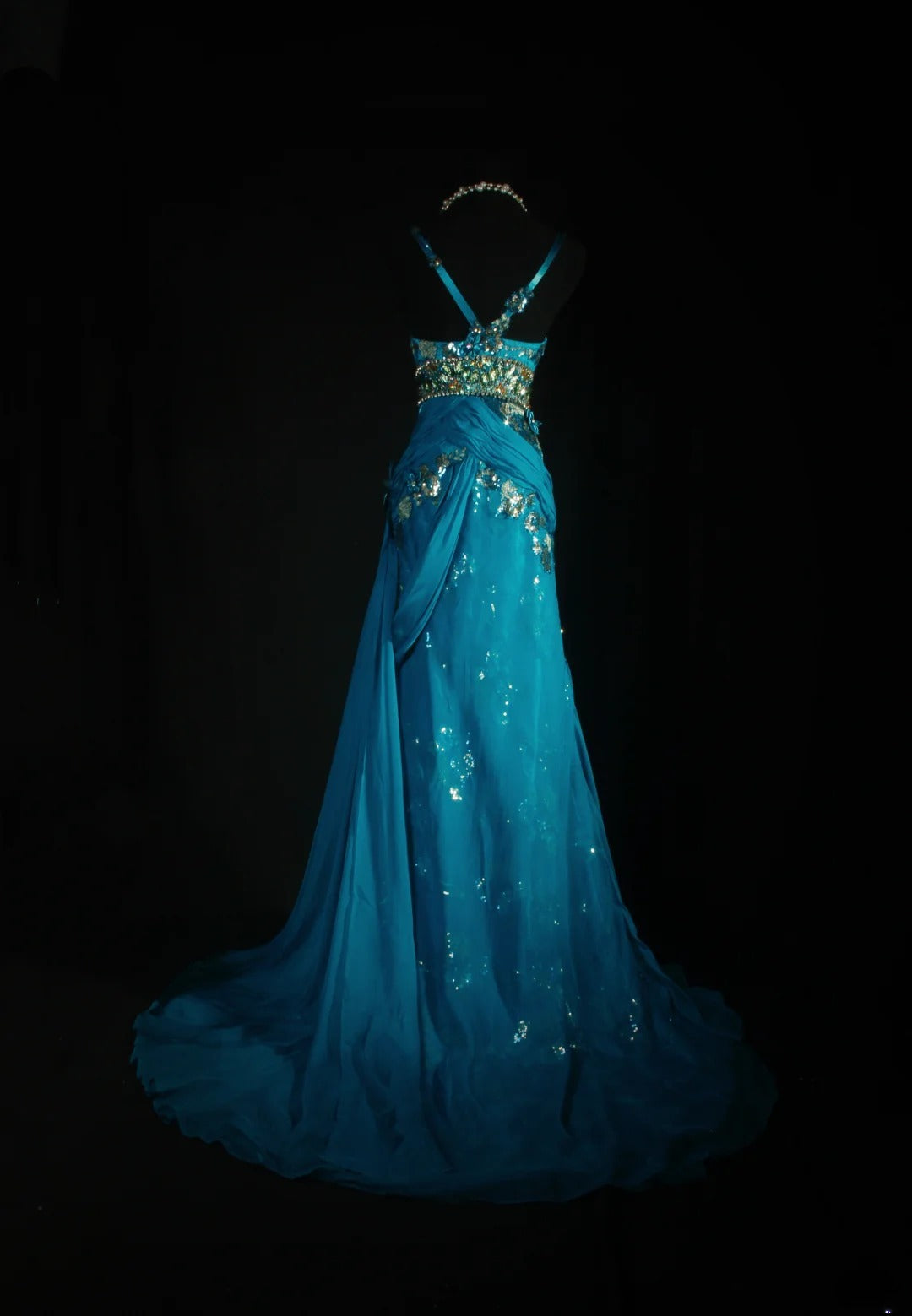 Vintage-Abendkleider im 90er-Jahre-Stil, Meerjungfrauen-Schnitt, Spaghettiträger, blauer Chiffon mit Perlenstickerei, lange Partykleider, Ballkleider AS041