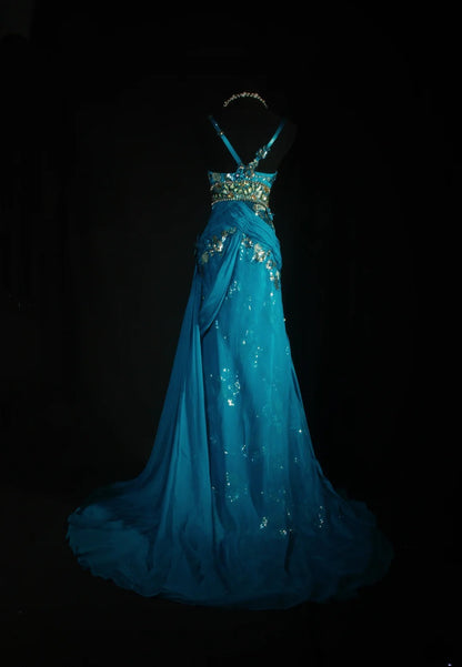 Vintage-Abendkleider im 90er-Jahre-Stil, Meerjungfrauen-Schnitt, Spaghettiträger, blauer Chiffon mit Perlenstickerei, lange Partykleider, Ballkleider AS041