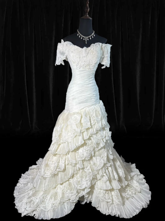 Boho Mermaid Off The Shoulder With Short Sleeves White Lace Tiered Long Vintage Fitted 1920s Wedding Dresses AS041